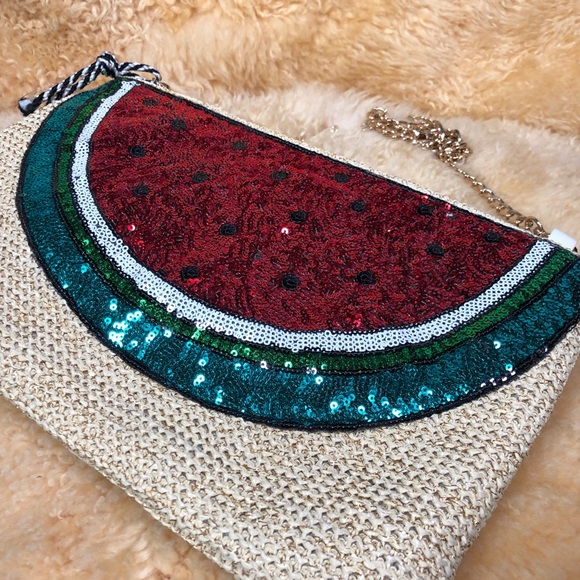 Bam Forever Watermelon/Sequins Straw Clutch Purse - Picture 2 of 14